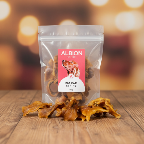 Albion Pig Ear Strips on rustic wood background