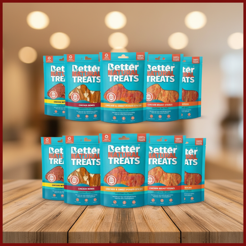 Better Natural Treats chicken range on rustic wood background