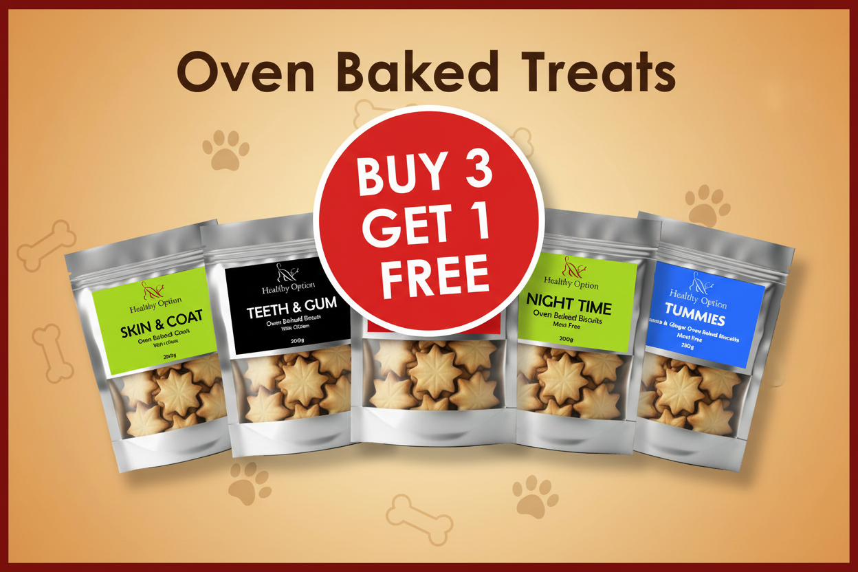 Buy 3 Get 1 Free - Oven Baked Treats Promotional Banner