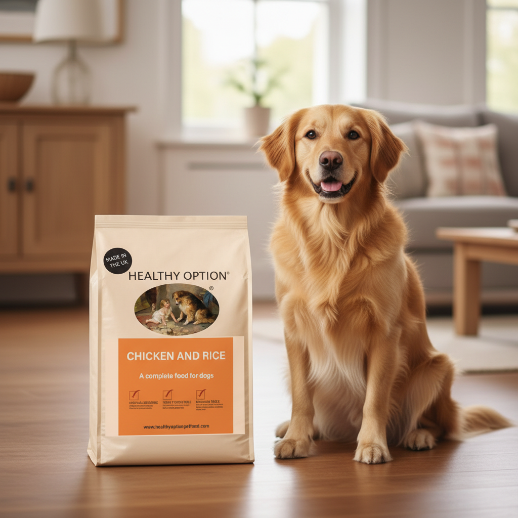 Healthy Option Chicken & Rice dog food bag with a dog on a warm wooden surface