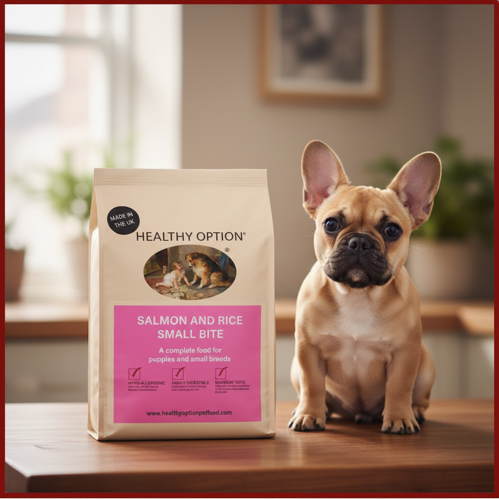 Healthy Option Salmon and Rice Small Bite dog food bag with a French Bulldog puppy on a warm wooden surface