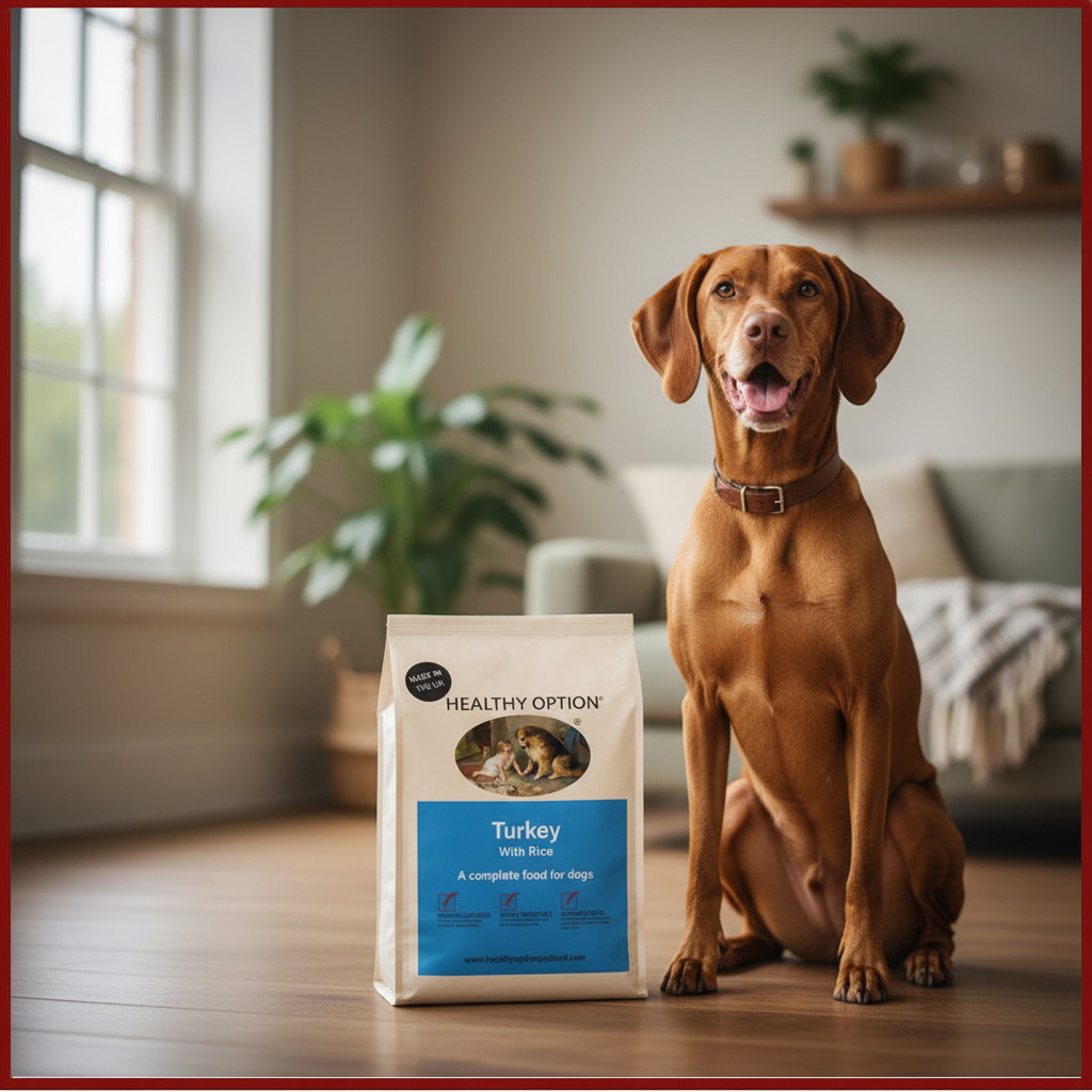 Healthy Option Turkey with Rice dog food bag with a Vizsla on a warm wooden surface