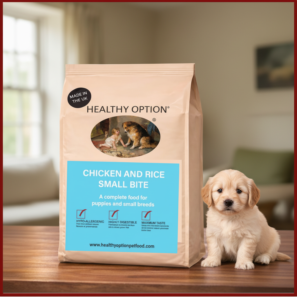 Healthy Option Chicken and Rice Small Bite dog food bag with a tiny cute puppy on a warm wooden surface