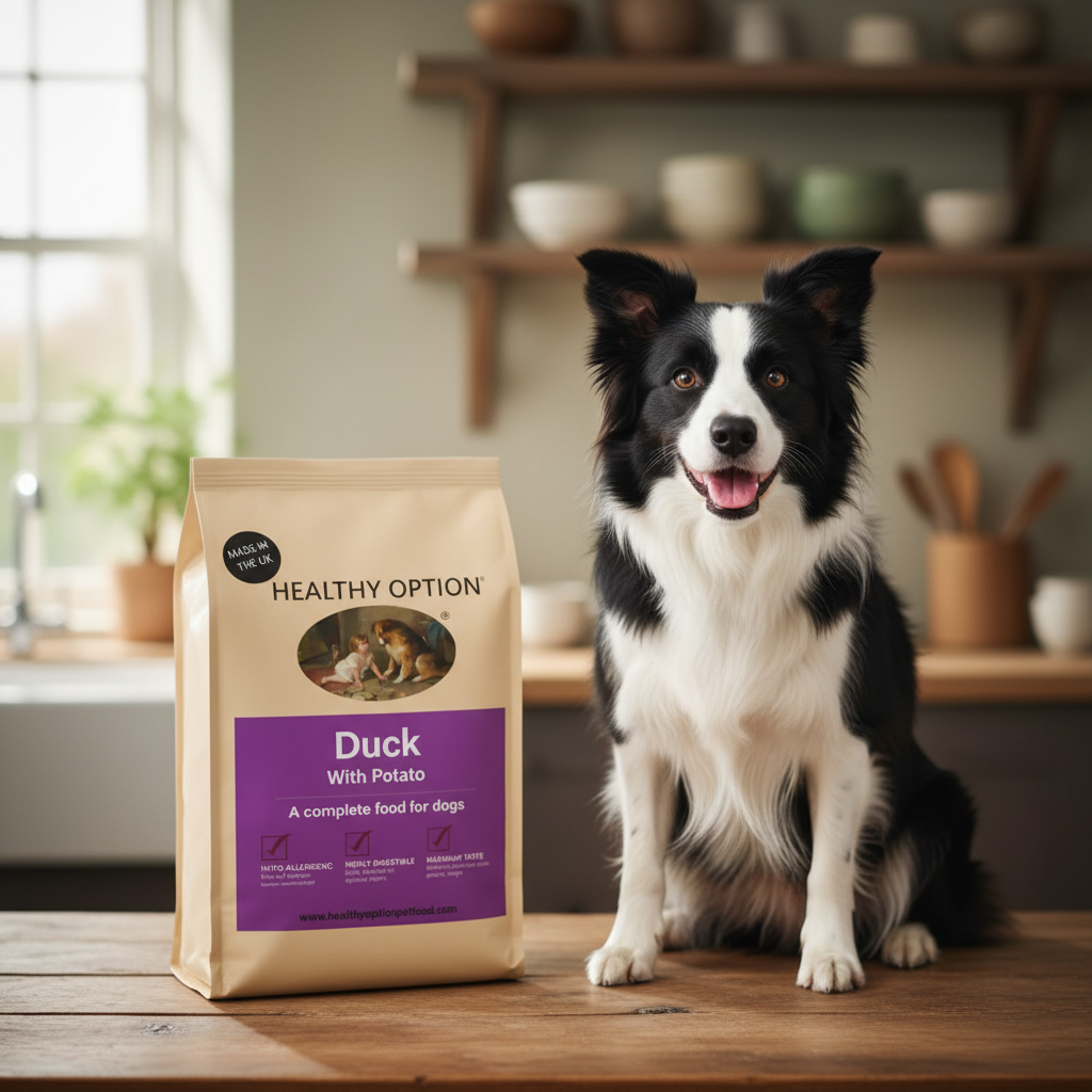 Healthy Option Duck & Potato dog food bag with a Border Collie on a warm wooden surface