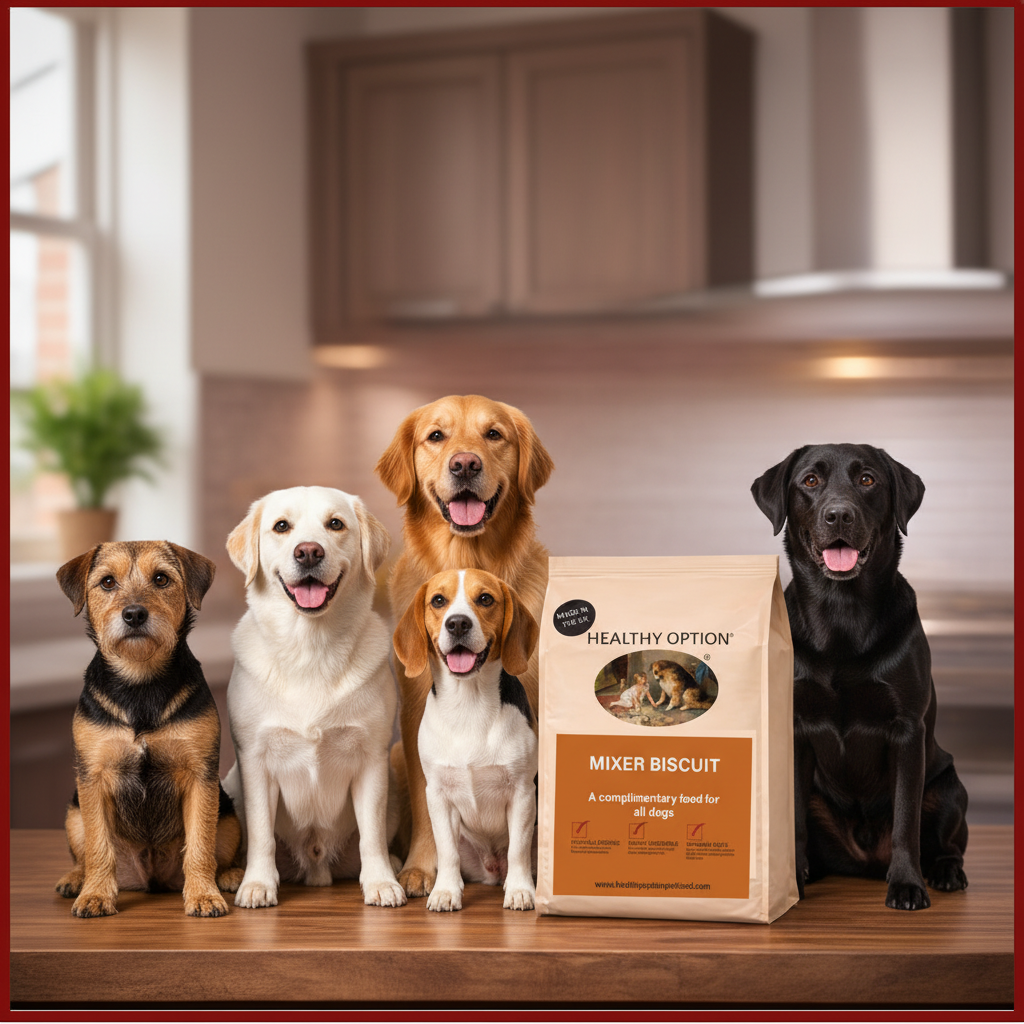 Multiple dogs with Healthy Option Mixer Biscuit bag