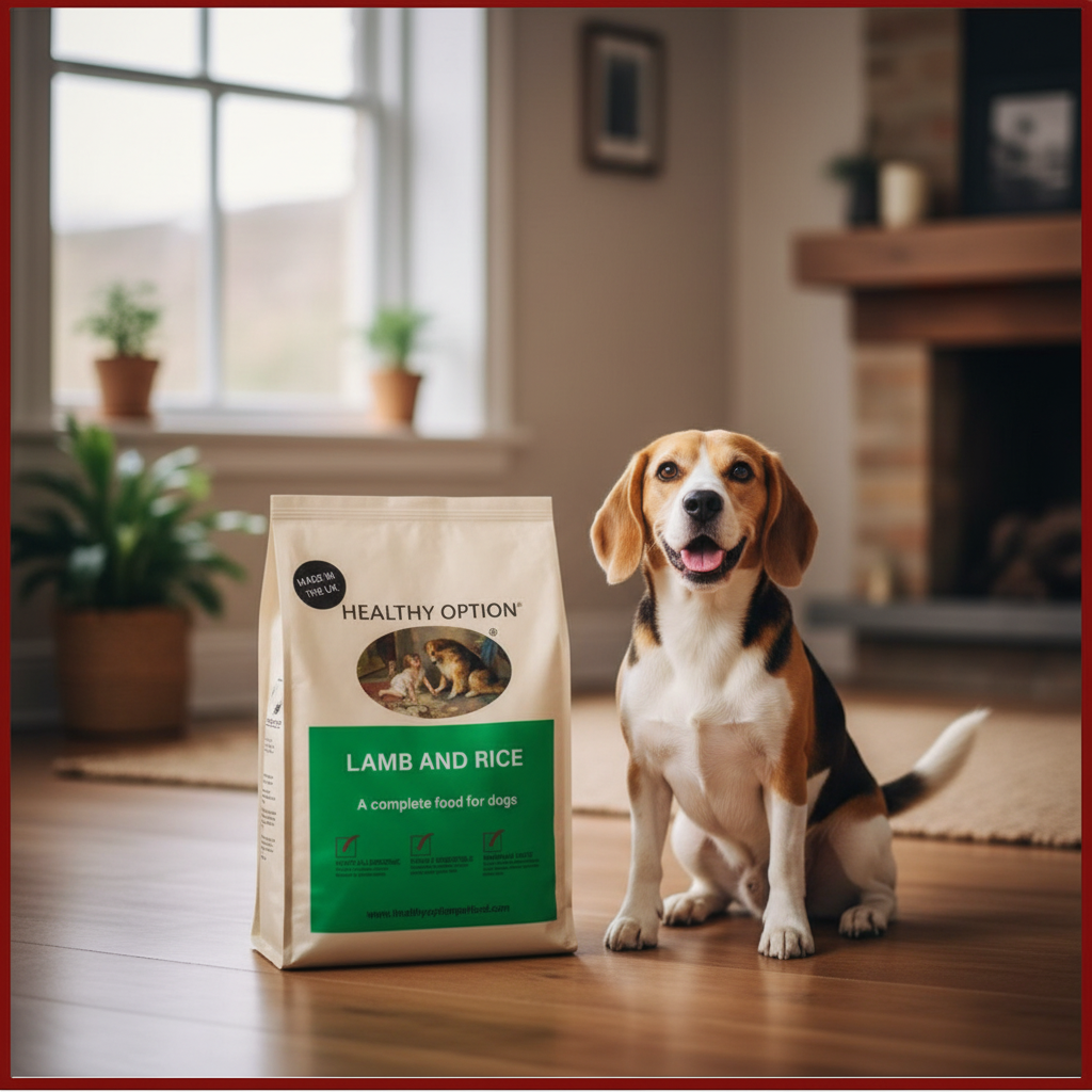 Healthy Option Lamb and Rice dog food bag with a Beagle on a warm wooden surface