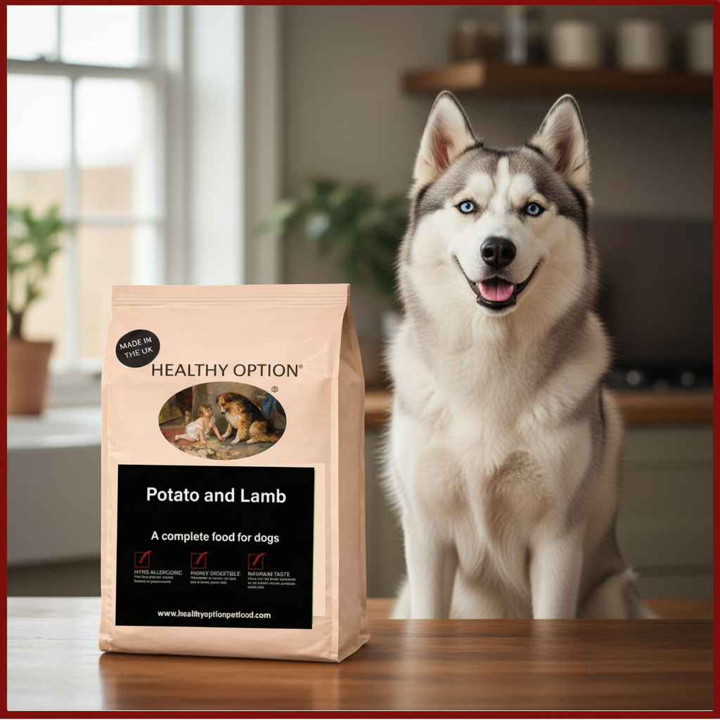 Healthy Option Potato and Lamb dog food bag with a Husky on a warm wooden surface