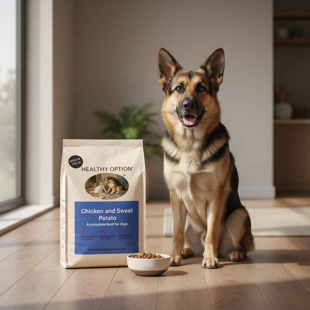 Healthy Option Chicken and Sweet Potato dog food bag with a German Shepherd on a warm wooden surface