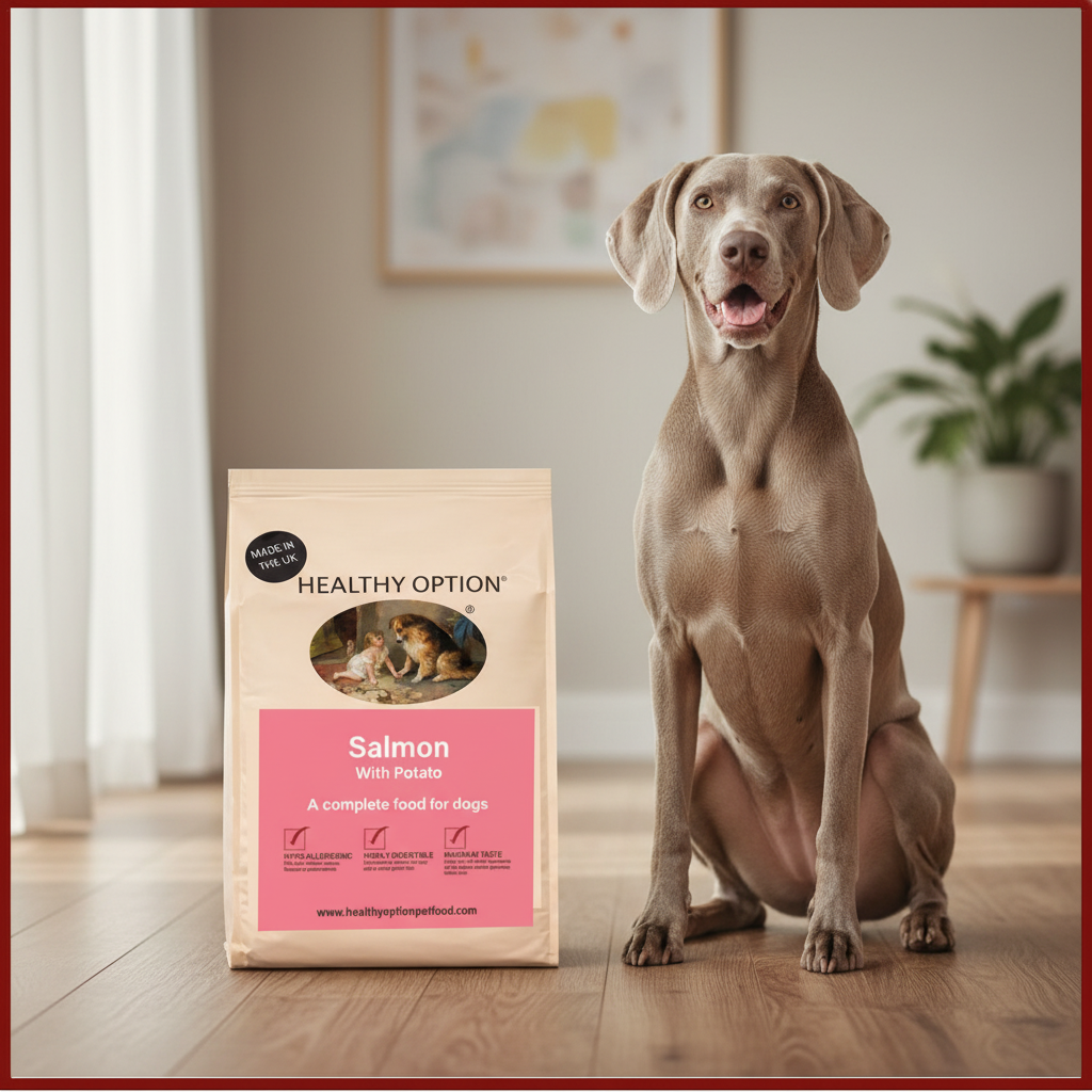 Healthy Option Salmon with Potato dog food bag with a Weimaraner on a warm wooden surface