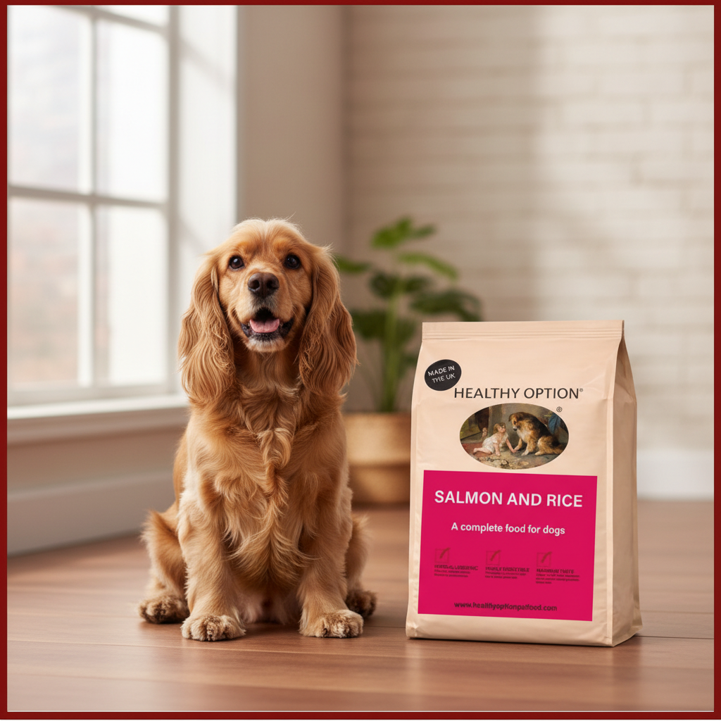 Healthy Option Salmon and Rice dog food bag with a Cocker Spaniel on a warm wooden surface