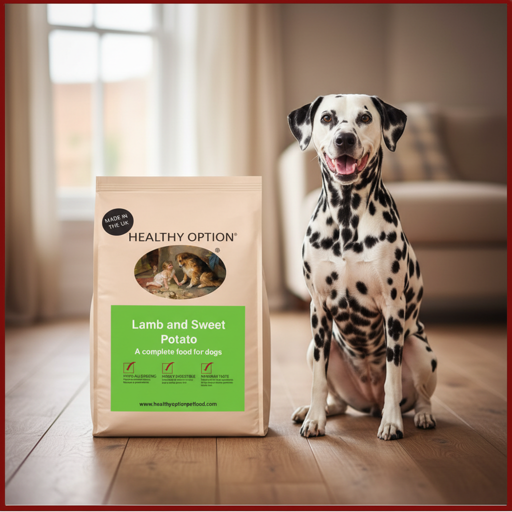 Healthy Option Lamb and Sweet Potato dog food bag with a Dalmatian on a warm wooden surface