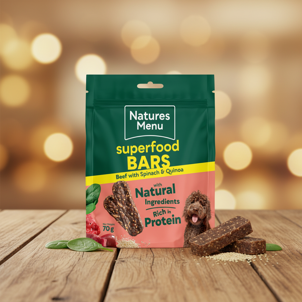 Natures Menu Superfood Bars on rustic wood background