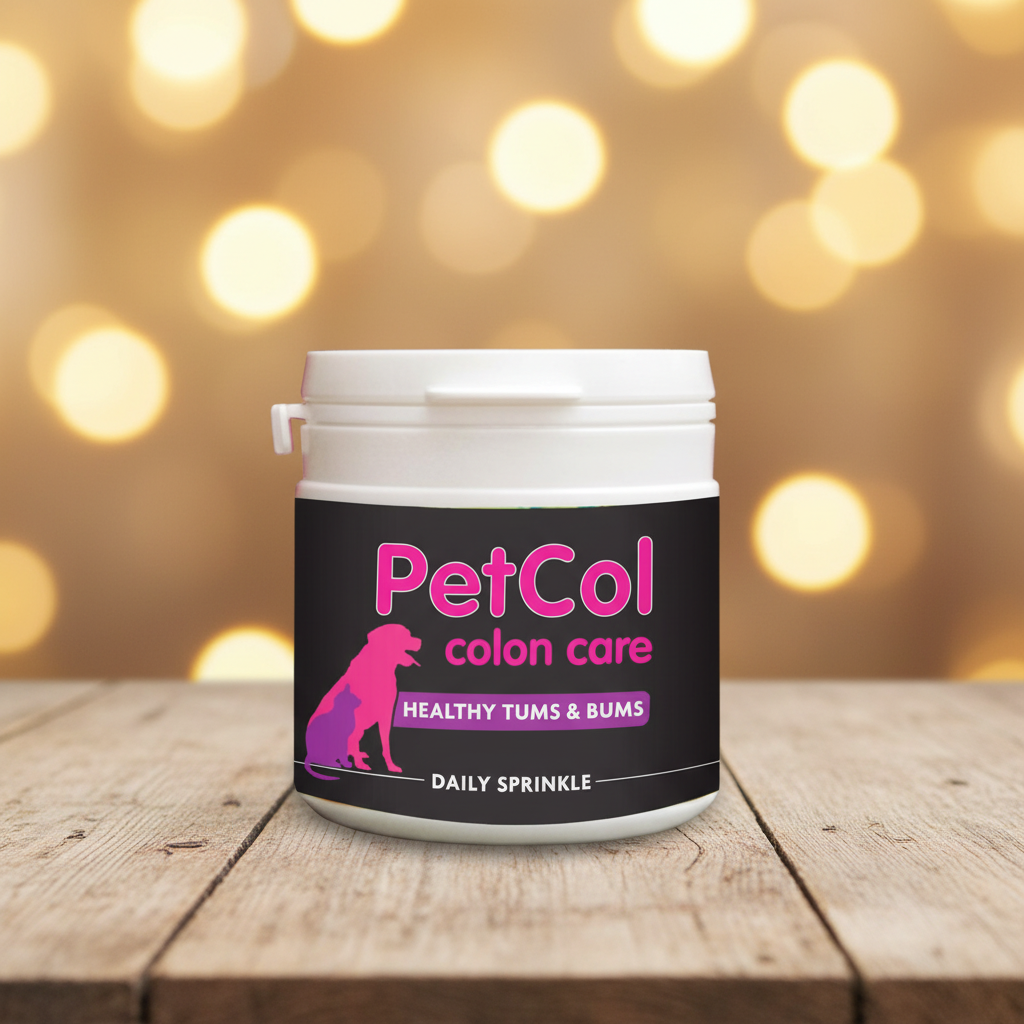 PetCol Colon Care on rustic wood with warm bokeh
