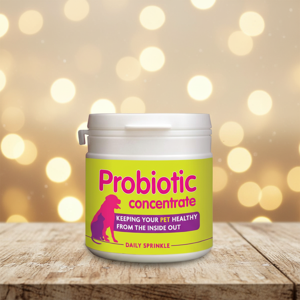 Probiotic Concentrate on rustic wood with warm bokeh