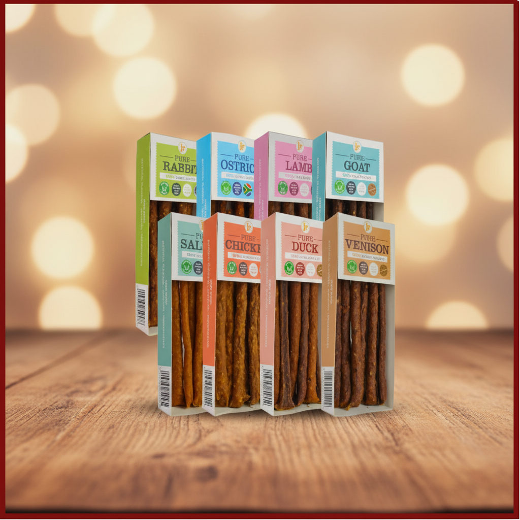 Pure range treat sticks on rustic wood background