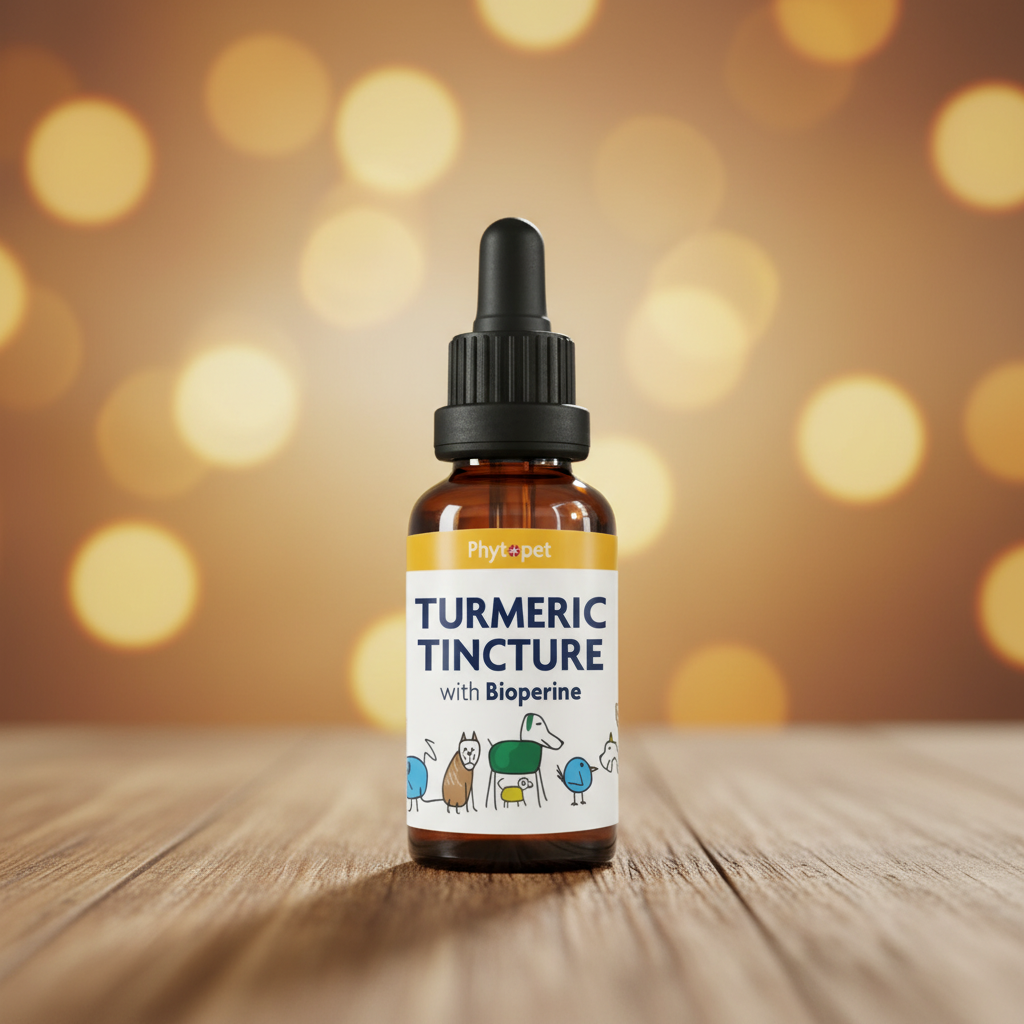Turmeric Tincture on rustic wood with warm bokeh